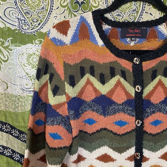 NWOT Rare Tey Art Alpaca Wool Blend Multicolored Knit Cardigan Size Medium - Picture 3 of 15